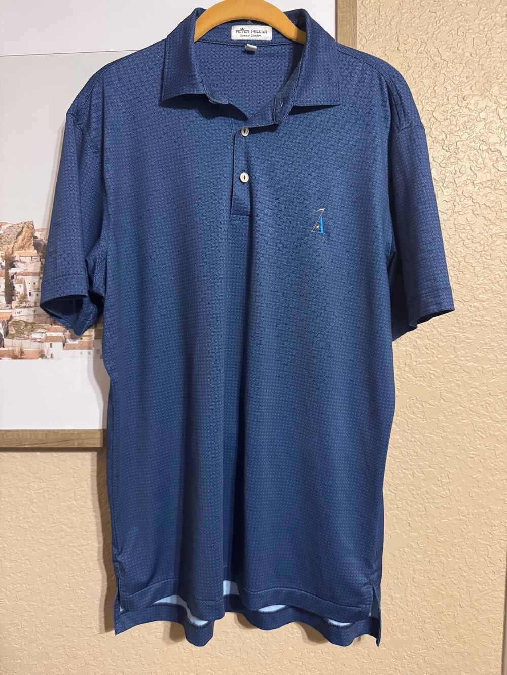 Peter Millar Summer Comfort Polo Shirt Men Small Blue Geometric Golf Performance